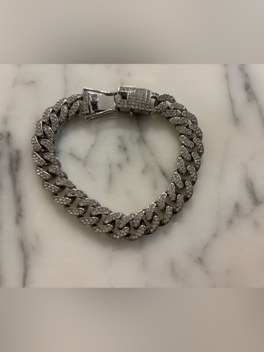 Men's White Gold Plated Cuban Link Bracelet with Pavé Stones